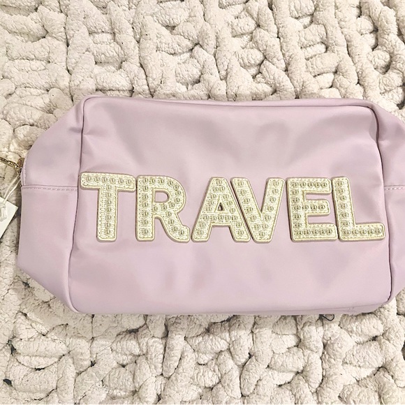 NWT Stoney Clover Lane large lilac patched pouch pearl travel letters - Picture 1 of 7
